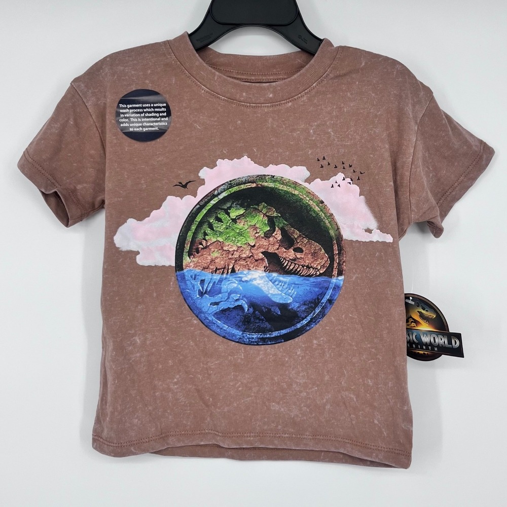 Jurassic World Rebirth T-Shirt Boys 4T Brown Mineral Wash Dinosaur T-Rex NEW